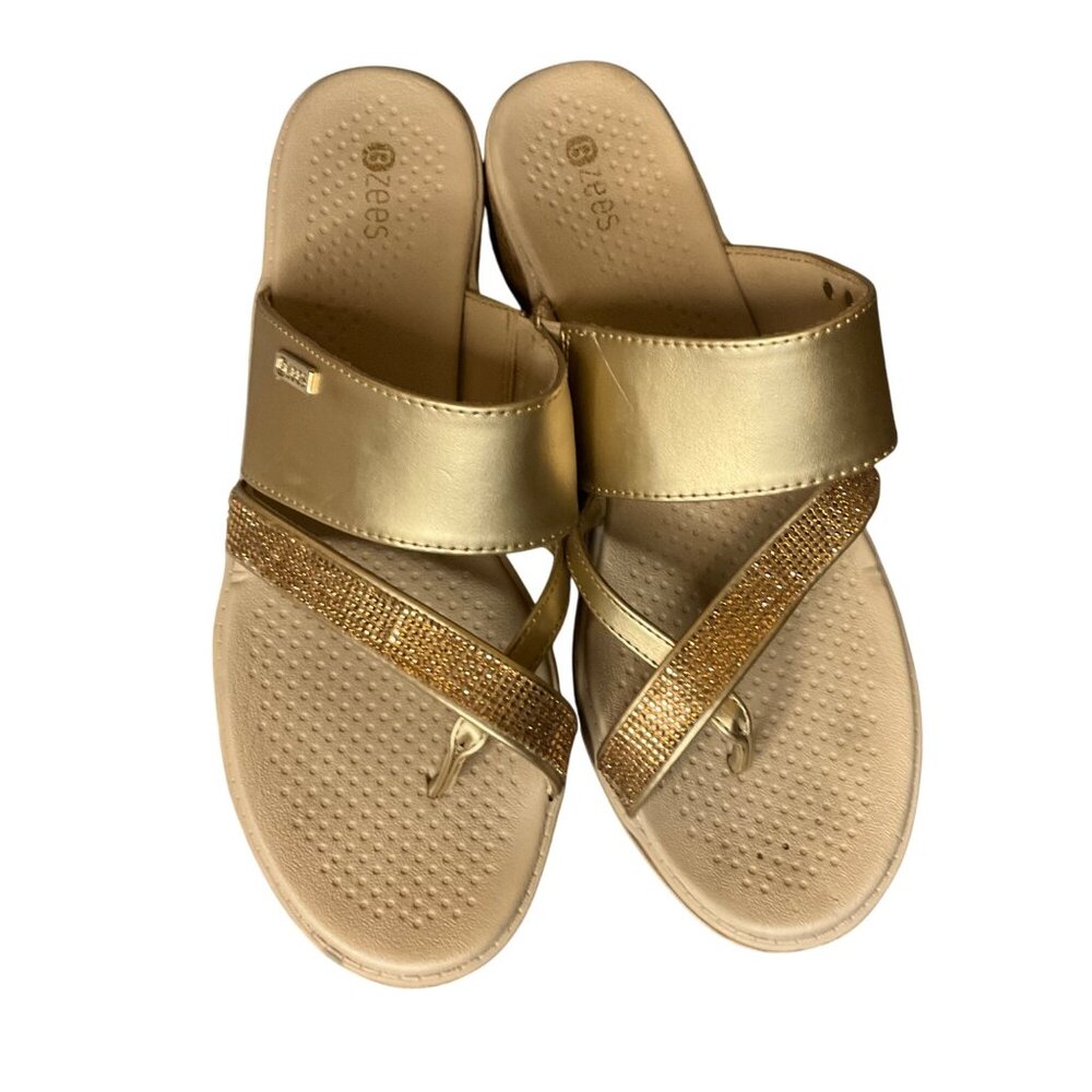 Bzees Bora Bright Womens Gold Wedge Sandals Size 9M With Rhinestone Strap & Cork - Picture 7 of 12